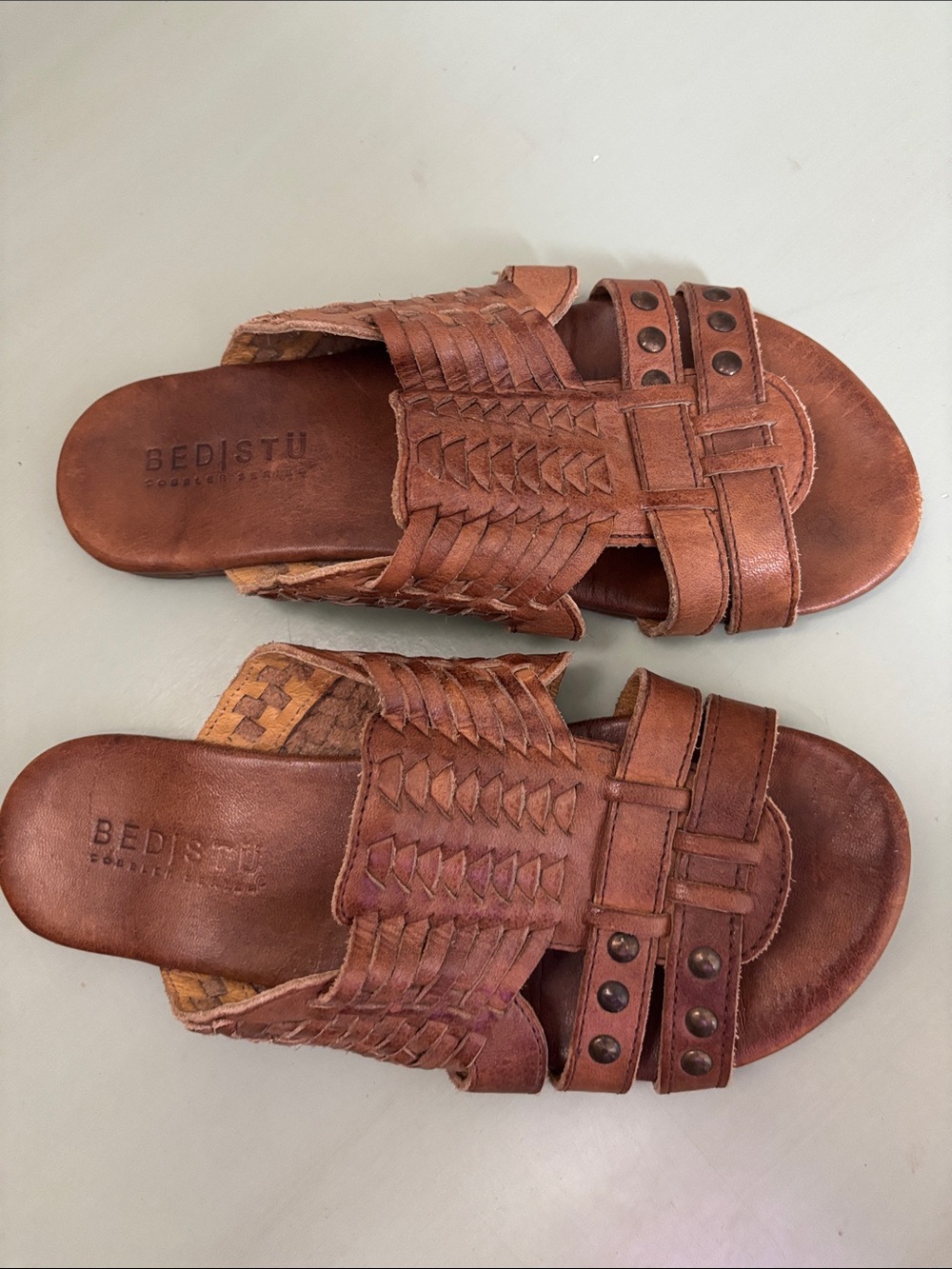 BED|STU Brown Woven Leather Slide Sandals with Stud Accents